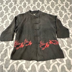 Citron Clothing 100% Silk kimono style asian koi Button Up Shirt Medium black